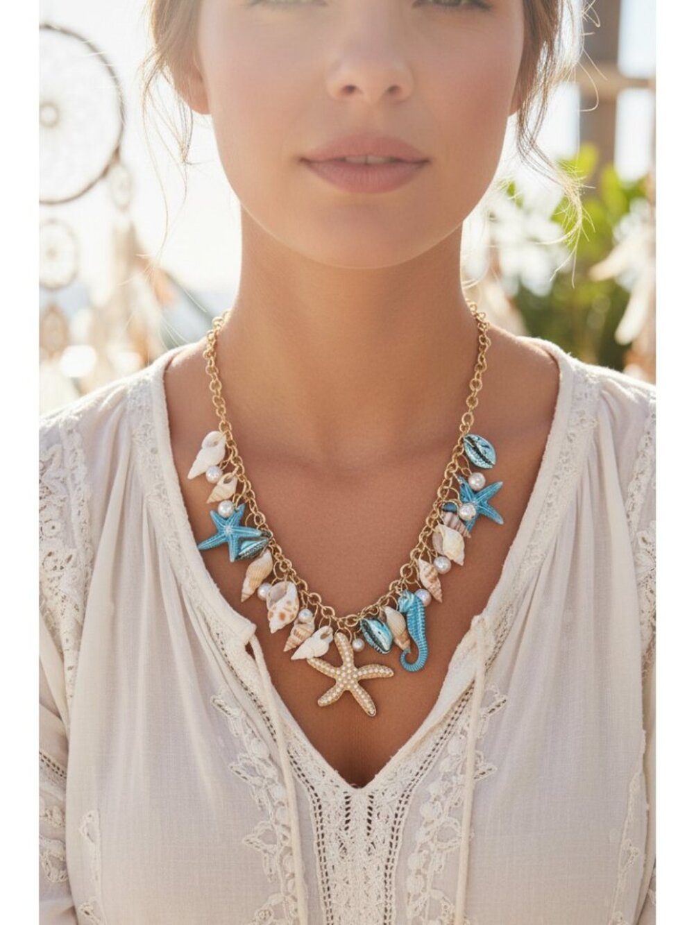 Ocean Seashell Starfish Seahorse Pearl Cluster Charm Necklace Statement Jewelry